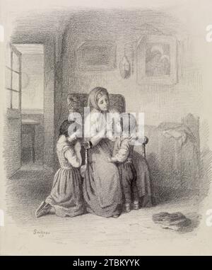 Intérieur avec une femme enseignant deux enfants, 1861-1865 (?). Banque D'Images