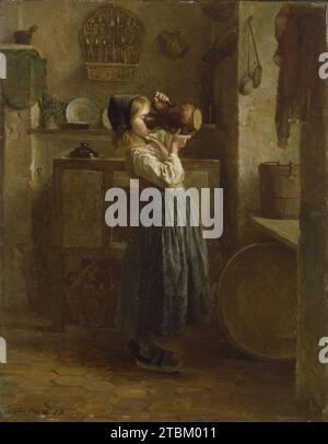 S'aider elle-même, 1859. Une jeune fille se tient dans un garde-manger buvant du lait directement dans un pichet. La lumière d'une fenêtre à droite illumine l'intérieur, révélant divers ustensiles, dont un rack de cuillères en étain accrochées au mur arrière, une étagère à vaisselle, une armoire, un seau à produits laitiers en bois et plusieurs passoires. Le sol est posé en carreaux hexagonaux en faïence. Banque D'Images