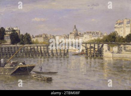 Le pont de l'Estacade, 1880. Dans ce petit tableau, Paris et la Seine sont représentés baignés de soleil chaud. Le petit pont de l'Estacade, érigé en 1818, reconstruit à plusieurs reprises et démoli en 1938, traverse la rivière au milieu du sol. Légèrement au-delà se trouve le Pont Sully, construit en 1874-76, reliant l'Ile Saint Louis à la rive droite. Le dôme au centre de l'image est celui de l'église de St. Louis et St. Paul sur la rue St. Antoine.l’artiste aurait peint la vue depuis un quai près du Port-aux-vins. Ce pai Banque D'Images