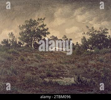 Paysage avec Cottage, c1865. Vue d'un chalet de chaume d'un paysan sur une élévation. A gauche, on aperçoit la pointe d'un clocher et à droite une figure en bleu sur un cheval blanc, retournant peut-être à son chalet alors que des nuages bas menacent le début d'une tempête. Rousseau choisit souvent de représenter des chalets rustiques, informés à la fois par les sites qu'il avait vus lors de ses voyages et par sa familiarité avec la tradition hollandaise du 17e siècle. L'emplacement du site représenté ici est incertain. Il est possible que ce pourrait être une plaine rocheuse dans la forêt de Fontainebleau à environ deux miles au sud-ouest de Barbizon, que Rousseau r Banque D'Images