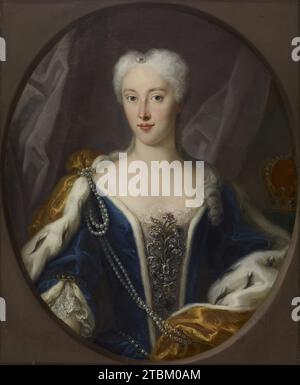 Portrait de Maria Clementina Sobieska, c1719. Maria Clementina Sobieska (1702-1735), la petite-fille du roi Jean III de Pologne, épousa James Francis Edward Stuart, le « vieux prétendant » au trône britannique quand elle avait seize ans et vivait principalement en Italie. Elle meurt très jeune, mais a deux fils, dont l'un, Charles Edward Stuart (Bonnie Prince Charlie), est le « jeune prétendant ». Le statut royal du sujet est indiqué par la couronne à sa droite. Elle porte un grand stomacher sous la forme d'un bouquet de fleurs ornées de bijoux et émaillées. Un seul bijou est monté au-dessus de h. Banque D'Images