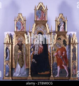 Vierge et enfant avec des saints, c1475-1480. Au centre de ce retable à panneaux multiples, la Vierge Marie intronisée, entourée d'anges, tient le Christ enfant sur son genou, lui permettant d'être adoré par un moine agenouillé, sûrement l'individu qui a commandé la peinture. À gauche du panneau central se trouve l'évêque saint Nicolas de Bari tandis qu'à droite se trouve Saint Galganus. Rarement représenté, Galganus est représenté poussant son épée dans le rocher du mont Siepi (près de Sienne en Italie centrale), où l'Archange Michel lui a demandé de construire son ermitage. Flanquant les panneaux latéraux dans le Banque D'Images