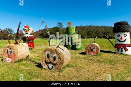 Maitland, Nouvelle-Galles du Sud, Australie. Déc 13, 2021 exposition de Noël d'art de balle de foin le long d'une autoroute. balles de foin peintes célébrant la saison des fêtes. Banque D'Images
