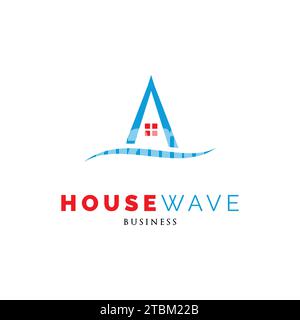 Maison avec modèle de conception de logo d'icône de vagues de mer Illustration de Vecteur
