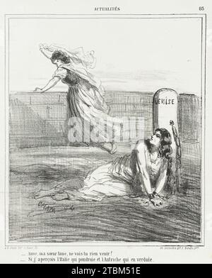 Anne, ma soeur Anne, ne vois-tu rien venir ? -Si j'aper&#xe7;ois l'Italie qui poudroie et l'Autriche qui en verdoie, 1866. Dans Actualit&#xe9;s. Banque D'Images