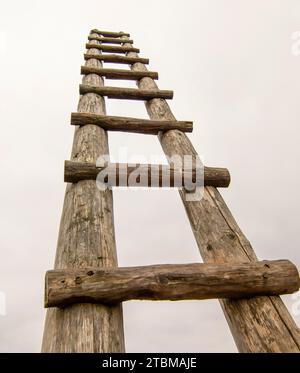 Vieille échelle en bois sur la prairie menant haut dans le ciel, échelle au ciel. Symbole de carrière Banque D'Images