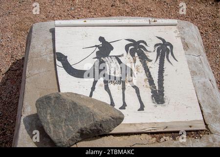 Peinture d'un cavalier bédouin de chameau à côté du palmier sur un bois. Dahab .Egypte Banque D'Images