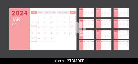 Calendrier 2024 semaines début dimanche modèle de planificateur de conception d'entreprise avec thème violet [converti], vecteur stock Illustration de Vecteur