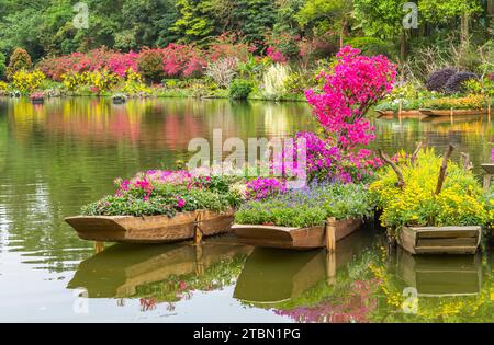 bateau plein de plantes et de fleurs flottant sur l'eau Banque D'Images