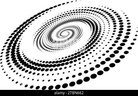 Elément de ligne pointillée en spirale. Texture de demi-teinte à rotation radiale. Les points tourbillonnaires circulaires forment une forme en perspective. Fond abstrait noir pour affiche, bannière, logo, icône, collage, présentation, emblème. Vecteur Illustration de Vecteur