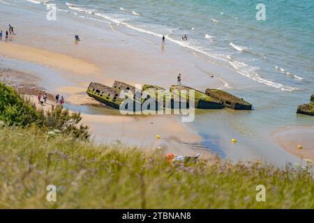 Paysage à Gold Beach près d'Arromanches-les-bains qui était l'une des cinq zones de l'invasion alliée de la France occupée par les Allemands en Normandie Banque D'Images