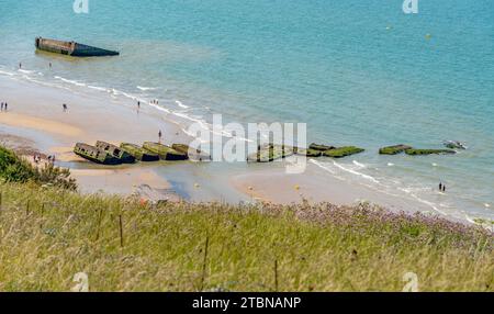 Paysage à Gold Beach près d'Arromanches-les-bains qui était l'une des cinq zones de l'invasion alliée de la France occupée par les Allemands en Normandie Banque D'Images