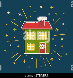 Icône colorée de maison d'hiver dans le style de ligne mince. Maison de fête avec symbole de couronne isolé sur fond bleu. Illustration de Vecteur