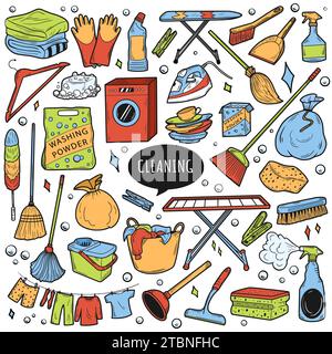 Ensemble de couleurs dessinées à la main d'équipements de nettoyage, éponge, spray, balai, seau. Style d'esquisse Doodle. Outils propres bannière dessinée à la main style dessin au trait. Illustration de Vecteur