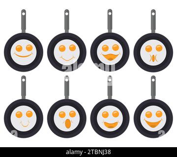 Œufs frits émoticônes, smiley et emoji. Un ensemble d'œufs au plat dans des casseroles avec des yeux et un sourire. Illustration vectorielle. Illustration de Vecteur