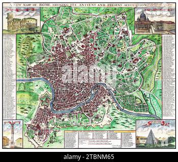 Un exemple radieux en couleur de la carte de Rome de 1721 de John Sennex. Couvre tout et partie de la campagne surpeuplée. Identifie à la fois moderne et A. Banque D'Images