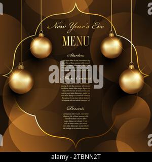 Design élégant du menu de la Saint-Sylvestre avec boules dorées suspendues et fond lumineux bokeh Illustration de Vecteur