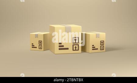 Boîte en carton ou paquet de livraison isolé sur fond beige doux. Dessin animé minimal. Concept utilitaire. Illustration de rendu 3D. Banque D'Images