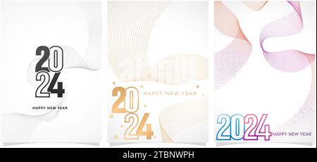 Trois ensembles de conception abstraite 2024 polices numéros modèles de fonds isolés pour le calendrier du nouvel an, couverture, en-tête de médias sociaux, cartes de vœux Illustration de Vecteur