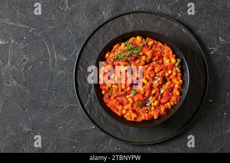 Chakalaka, rafraîchissant délice de tomate épicée dans un bol noir sur une table en béton gris, cuisine sud-africaine, plat, espace copie Banque D'Images