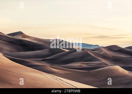 Large vue sur les immenses dunes de sable au coucher du soleil Banque D'Images