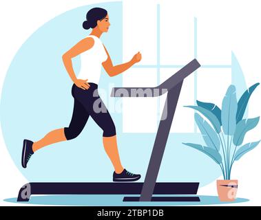 Femme courant sur un tapis roulant à la maison. Concept de mode de vie sain. Entraînement sportif. Fitness. Illustration vectorielle. Plat. Illustration de Vecteur