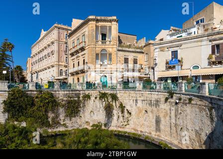 Syracuse, Sicile, Italie - 16 février 2023 : Fontaine d'Arethusa fonte Aretusa avec des plantes de papyrus au bord de la mer Ionienne sur l'ancienne île d'Ortigia Banque D'Images