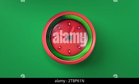 Horloge de pastèque avec des flèches rouges et des signes d'éclairage sur fond vert. Isolé. Style Minimalism de dessin animé. Icône minimale. Banque D'Images