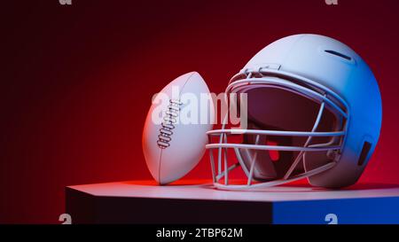 Casque de football américain blanc et fond d'espace de copie de balle, rendu 3D. Banque D'Images