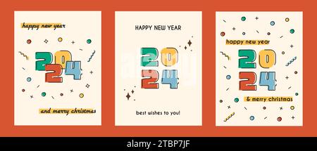 Lot de 2024 affiches de bonne année et dépliants Joyeux Noël. Bannière avec des chiffres colorés et motif géométrique abstrait. Célébration et vacances Illustration de Vecteur