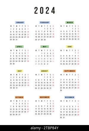 Calendrier vertical anglais 2024 année. La semaine calendaire Vector Stationery commence lundi. Organisateur annuel. Modèle de calendrier simple dans un design minimal Illustration de Vecteur