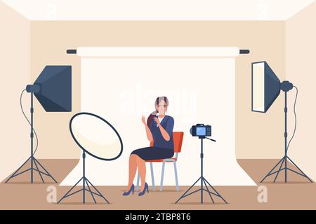 Entretien de tournage en studio professionnel. Lumière de boîte souple, caméra, projecteur. Équipement professionnel pour la prise de vue vidéo. Deux personnes ayant conversatio Illustration de Vecteur
