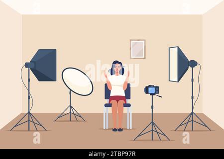 Entretien de tournage en studio professionnel. Lumière de boîte souple, caméra, projecteur. Équipement professionnel pour la prise de vue vidéo. Deux personnes ayant conversatio Illustration de Vecteur