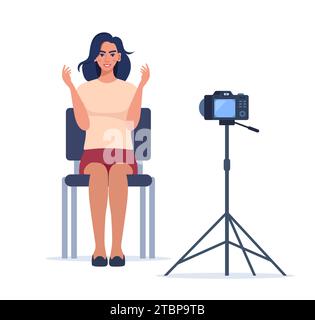 Entretien de tournage en studio professionnel. Lumière de boîte souple, caméra, projecteur. Équipement professionnel pour la prise de vue vidéo. Deux personnes ayant conversatio Illustration de Vecteur