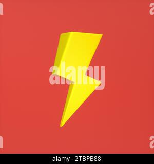 Signe jaune Electro Lightning isolé sur fond rouge. Style Minimalism de dessin animé. Concept de sécurité. Illustration de rendu 3D. Banque D'Images