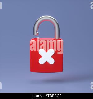 Icône rouge de cadenas déverrouillé avec symbole d'annulation de croix blanc isolé sur fond violet. Style Minimalism de dessin animé. Concept de sécurité. Rendu 3D. Banque D'Images