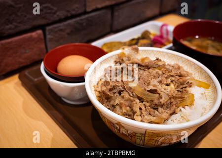 Gyudon bol de riz garni de bœuf et d'oignon sur un plateau avec des plats d'accompagnement. Banque D'Images