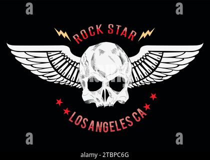Rock star. T-shirt à motif crâne ailé sur fond noir. Illustration satanique. Illustration de Vecteur