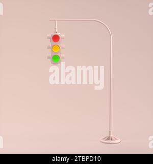 Feu de circulation différent sur fond rouge doux. Symbole de transport d'avertissement feu d'arrêt de sécurité au carrefour routier. Illustration de rendu 3D. Banque D'Images