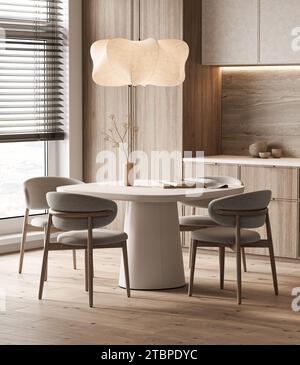 La lumière naturelle inonde l'élégante salle à manger de la cuisine avec des touches en bois et une suspension innovante. rendu 3d. Banque D'Images