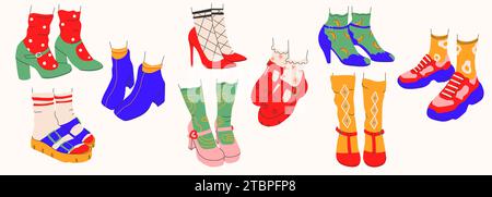 Collection de chaussures femmes icônes avec et sans talons.Chaussures, chaussons, baskets dans un style tendance. Vecteur isolé Illustration de Vecteur