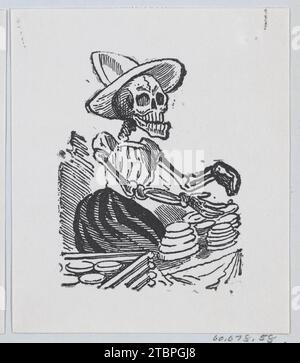 Un squelette vendant du fromage d'un feuillard intitulé 'una Calavera Chusca' 1960 par Jose Guadalupe Posada Banque D'Images