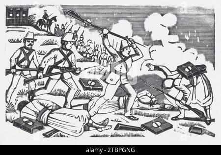 Un soldat levant son fusil pour poignarder l'ennemi (le 5 mai) 1960 par Jose Guadalupe Posada Banque D'Images