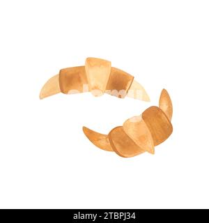 Set de cuisson : deux croissants pour le petit déjeuner. Illustration d'aquarelle isolée sur fond blanc. Clipart. Décor pour un tea party ou un style anglais par Banque D'Images