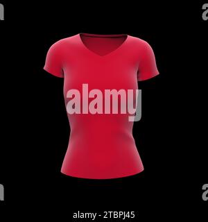 T-shirt femme rouge isolé sur fond noir. Mise en page créative. Maquette et espace pour Text and logo Company. Concept commercial. Rendu 3D. Banque D'Images