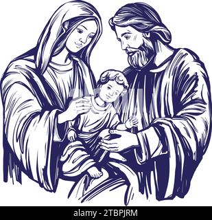 Joyeux Noël. Histoire de Noël. Marie, Joseph et l'enfant Jésus, fils de Dieu , symbole du christianisme illustration vectorielle dessinée à la main. Illustration de Vecteur