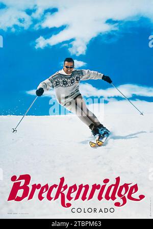 Affiche de sport d'hiver - Breckenridge, Colorado, affiche de voyage des années 1960 feat a heureux skieur Banque D'Images