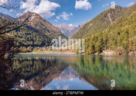 Un paysage à couper le souffle avec un lac tranquille entouré de végétation luxuriante et d'herbe Banque D'Images