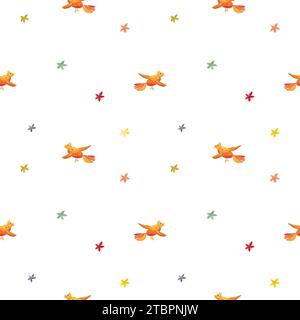 Motif sans couture coloré avec des oiseaux orange abstraits et des fleurs sur un fond blanc. Impression de jardin aquarelle, textiles ou papier peint avec abstrait d Banque D'Images