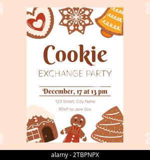 Modèle d'affiche de Noël, invitation pour la fête d'échange de biscuits de Noël. Dépliant vertical décoré avec des biscuits en pain d'épice, maison, homme, arbre, cloche et sn Illustration de Vecteur